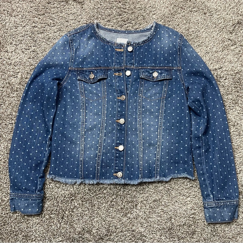 Kensie Jeans Polka Dot Cropped Raw Hem Denim Jacket Size S - Picture 3 of 13